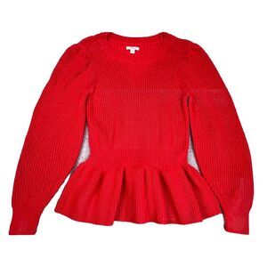 Good Threads Women's Sweater M Red Cable Knit Puff Sleeve Bottom Ruffles Flare